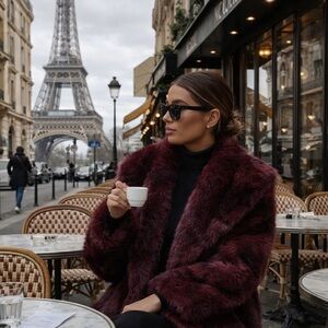 Luxury faux fur coat long jacket burgundy maroon red fur jacket oversized collar